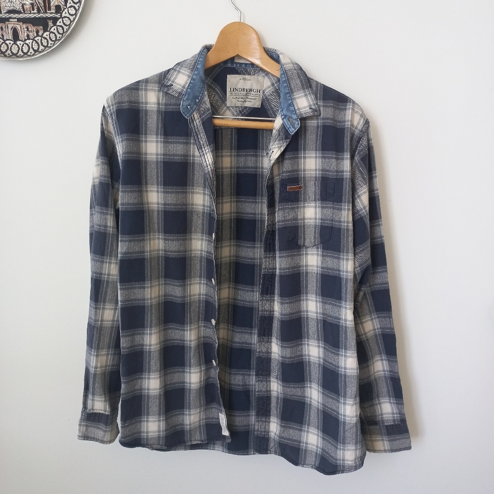 Lindbergh Men's Blue/White Plaid Button Down Shirt Size L US
